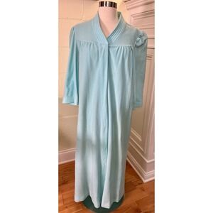 Vanity Fair Vintage Aqua Fleece Housecoat Robe Made In USA Size Small 3/4 Sleeve